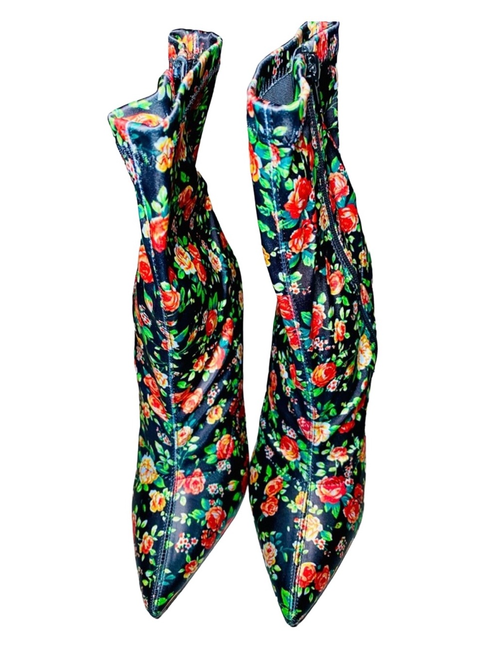 Justfab Illiana Black Floral Sock Bootie Boots Zip Close 5" Heel Size 10